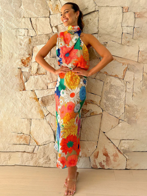 Cocktail Dresses- Floral Elegant Stand Halterneck Blouson Midi Dress- - Pekosa Women Clothing