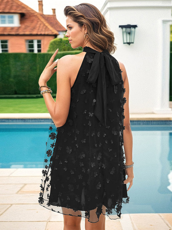 Cocktail Dresses- Flower Appliqué Halter Tunic Mini Dress in Tulle Overlay- - Pekosa Women Fashion