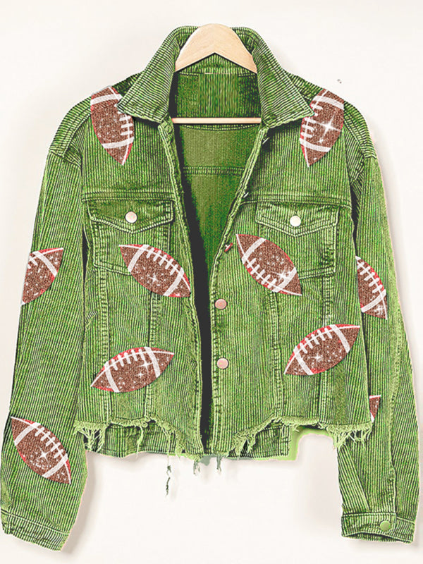 Corduroy Denim Jacket- Corduroy Distressed Denim Jacket - Sequined Sporty Denim Shacket- Green- Pekosa Women Clothing