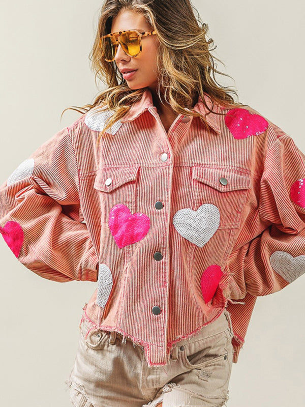Corduroy Jackets- Fall in Love Corduroy Print Shirt Jacket | Urban Distressed Shacket- - Pekosa Women Clothing