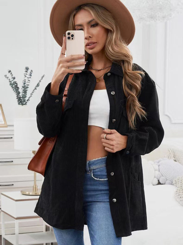 Corduroy Jackets- Solid Corduroy Oversized Shirt Jacket- Black- Pekosa Women Clothing