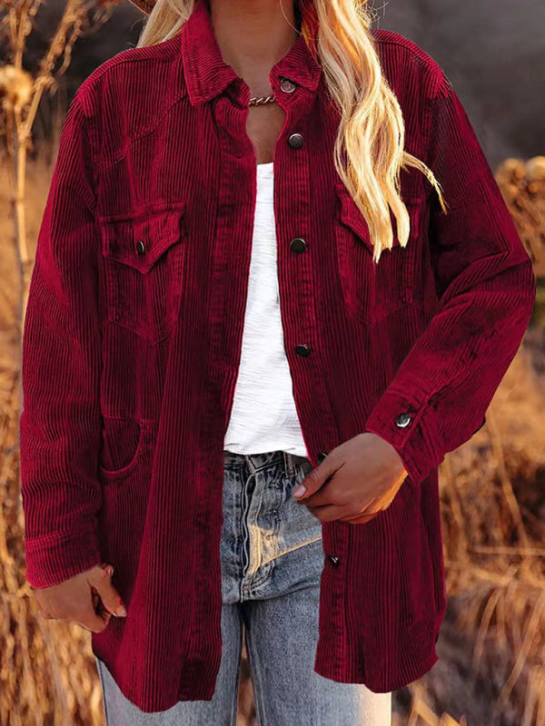 Corduroy Jackets- Solid Corduroy Oversized Shirt Jacket- Wine Red- Pekosa Women Clothing