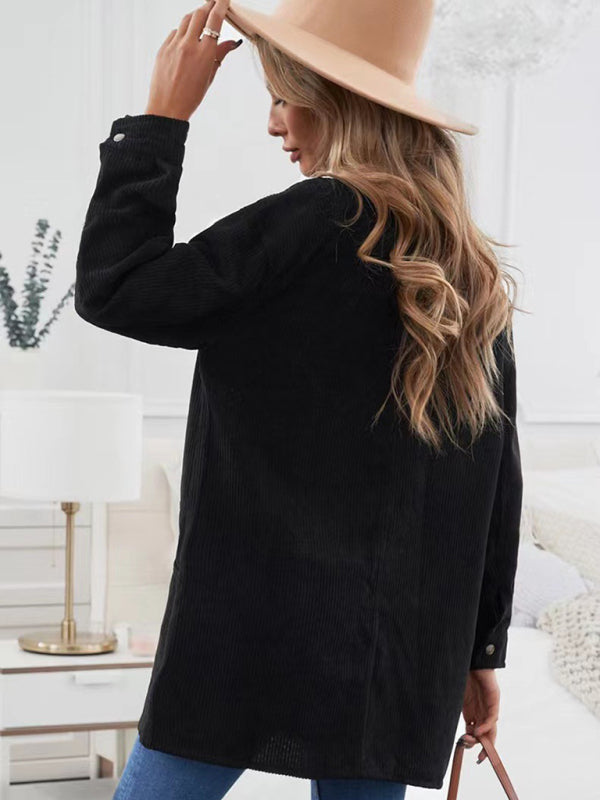 Corduroy Jackets- Solid Corduroy Oversized Shirt Jacket- - Pekosa Women Clothing