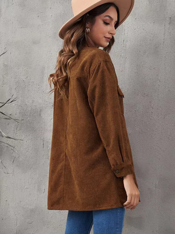 Corduroy Jackets- Solid Corduroy Oversized Shirt Jacket- - Pekosa Women Clothing