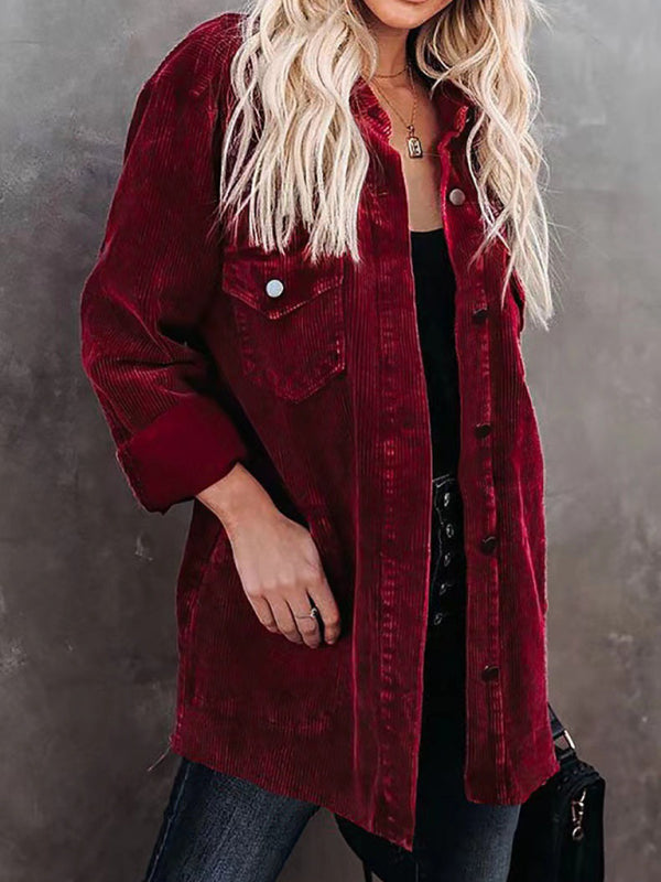 Corduroy Jackets- Solid Corduroy Oversized Shirt Jacket- - Pekosa Women Clothing
