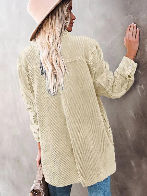 Corduroy Jackets- Solid Corduroy Oversized Shirt Jacket- - Pekosa Women Clothing