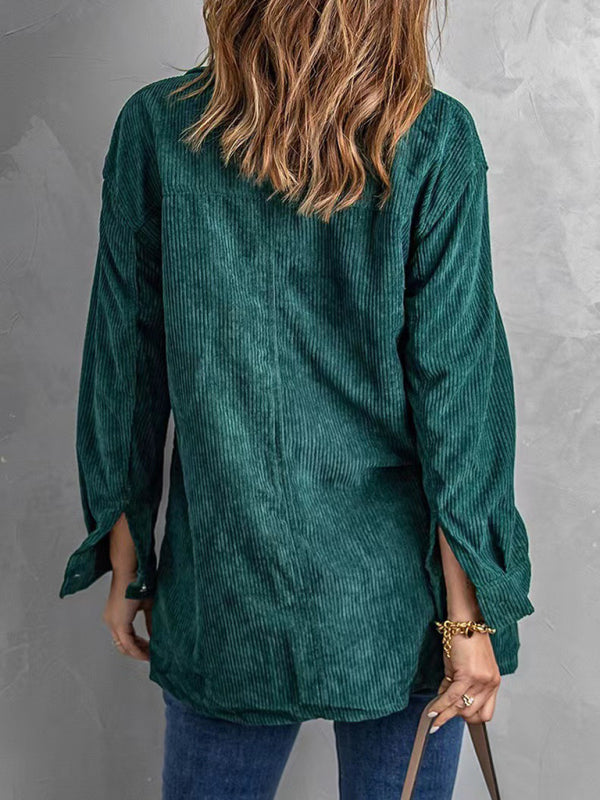 Corduroy Jackets- Solid Corduroy Oversized Shirt Jacket- - Pekosa Women Clothing