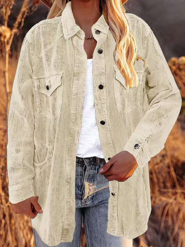 Corduroy Jackets- Solid Corduroy Oversized Shirt Jacket- Cream- Pekosa Women Clothing