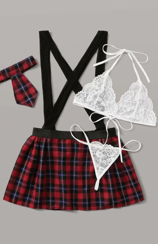 Cosplay Lingerie- Back-to-School Complete 4-Piece Tartan Cosplay Lingerie- - Pekosa Women Clothing