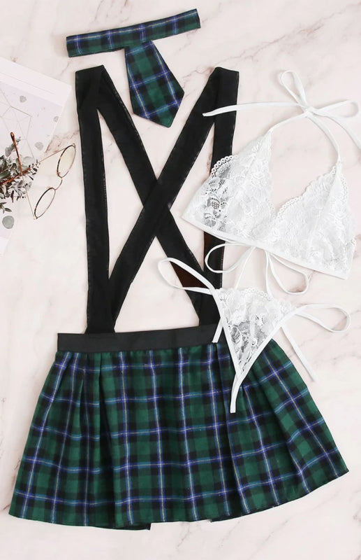 Cosplay Lingerie- Back-to-School Complete 4-Piece Tartan Cosplay Lingerie- - Pekosa Women Clothing
