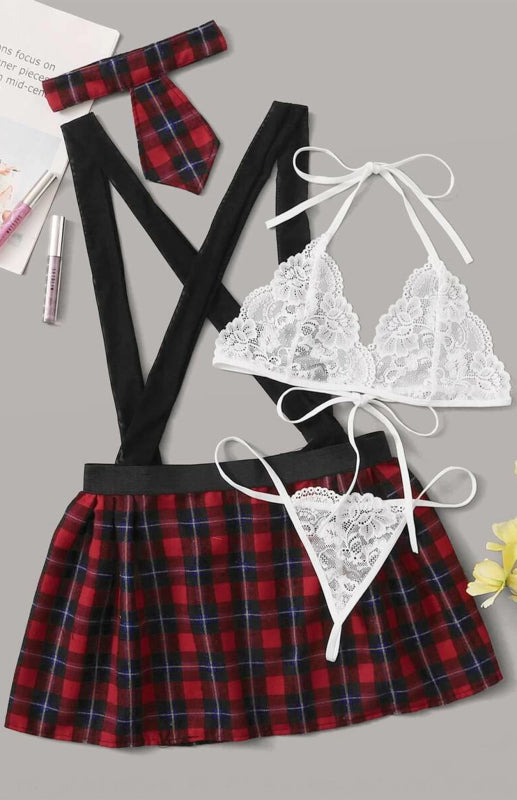 Cosplay Lingerie- Back-to-School Complete 4-Piece Tartan Cosplay Lingerie- - Pekosa Women Clothing