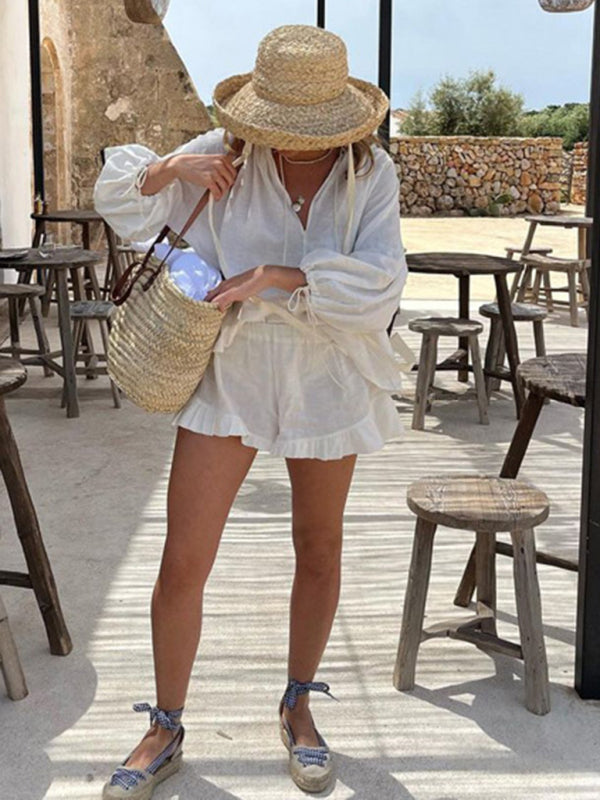 Cotton Outfits- Casual Summer Essentials Cotton Solid 2-Piece Set - Shorts & Top- - Pekosa Women Clothing