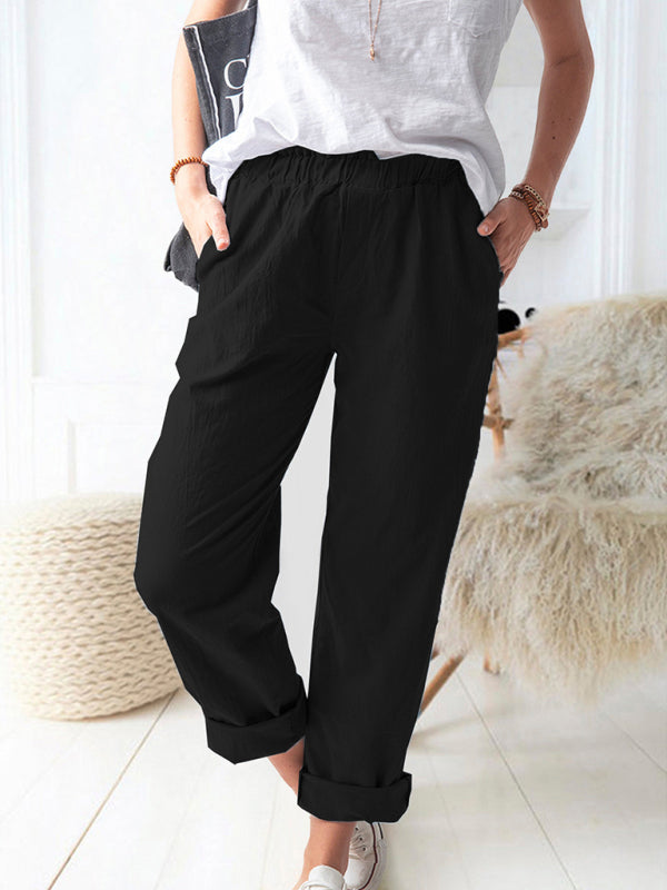 Cotton Pants- Textured Cotton Trousers | Elastic Waist Pants with Pockets- Black- Pekosa Women Clothing