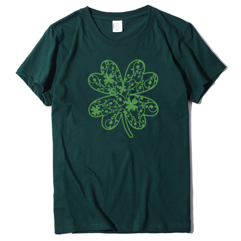 Cotton Tees- St. Paddy's Day in Women's Cotton Tee with Lucky Four-leaf Clover Print- Green black jasper- Pekosa Women Clothing