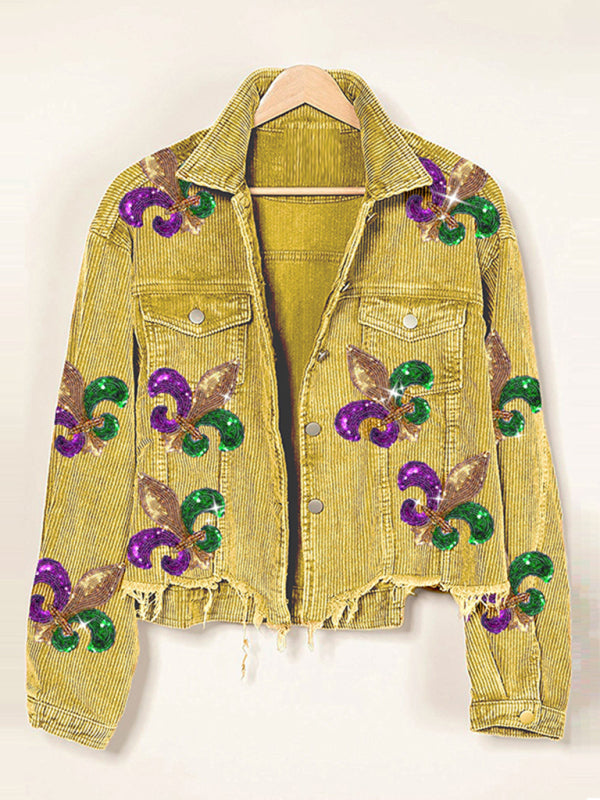 Crop Jacket- Mardi Gras Ripped Corduroy Sequin Patchwork Crop Jacket- Yellow- Pekosa Women Clothing