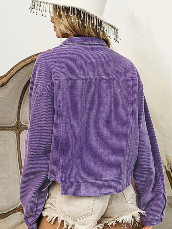 Crop Jacket- Mardi Gras Ripped Corduroy Sequin Patchwork Crop Jacket- - Pekosa Women Clothing