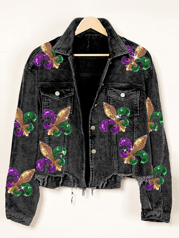 Crop Jacket- Mardi Gras Ripped Corduroy Sequin Patchwork Crop Jacket- Black- Pekosa Women Clothing