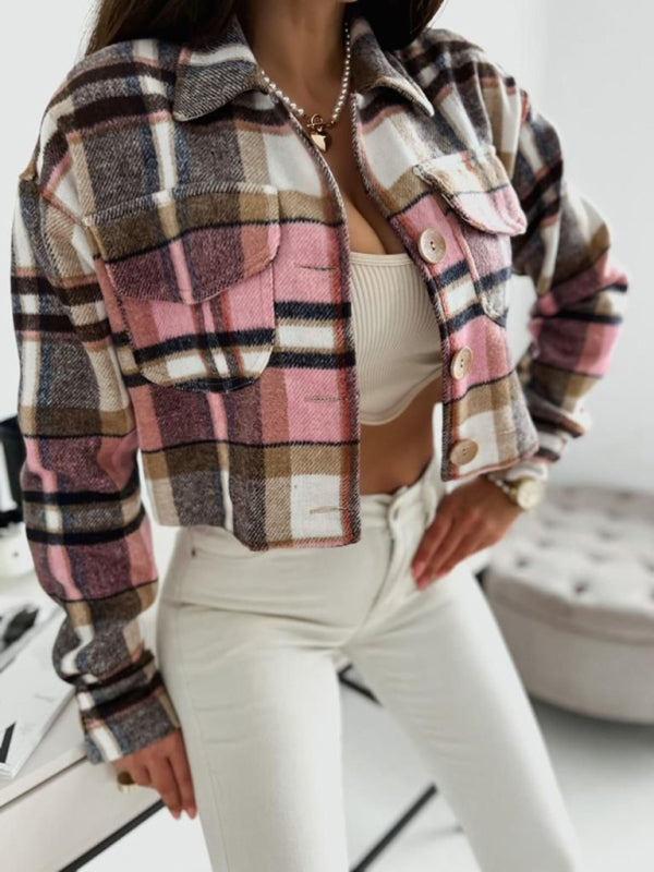 Crop Jackets- Casual Warm Plaid Crop Collar Shirt-Jacket- - Pekosa Women Clothing