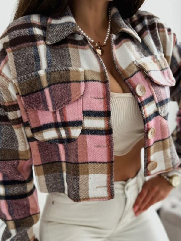 Crop Jackets- Casual Warm Plaid Crop Collar Shirt-Jacket- - Pekosa Women Clothing