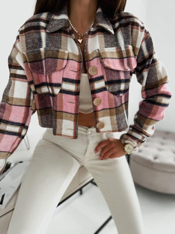 Crop Jackets- Casual Warm Plaid Crop Collar Shirt-Jacket- - Pekosa Women Clothing