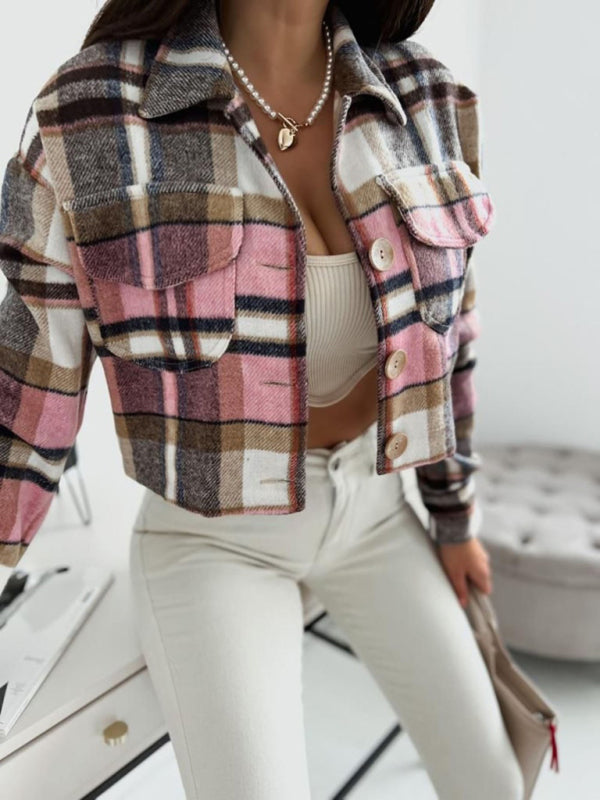Crop Jackets- Casual Warm Plaid Crop Collar Shirt-Jacket- - Pekosa Women Clothing