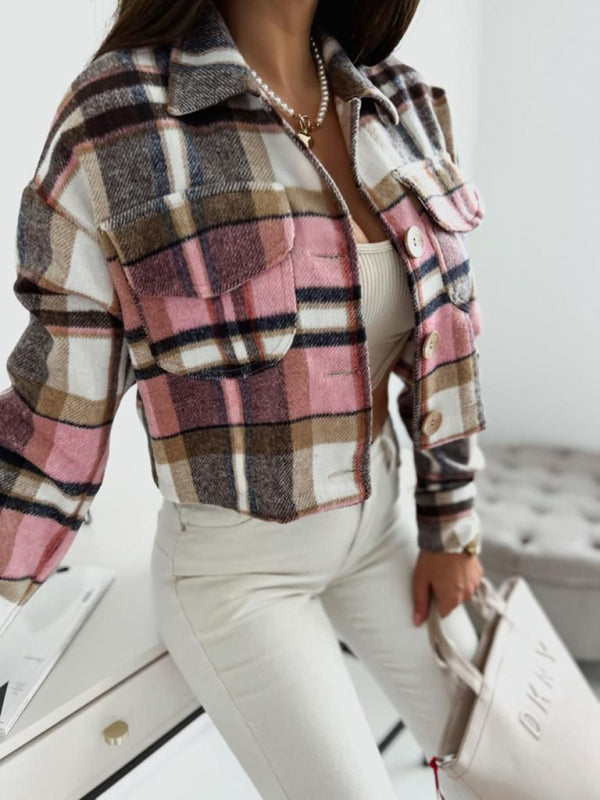 Crop Jackets- Casual Warm Plaid Crop Collar Shirt-Jacket- - Pekosa Women Clothing