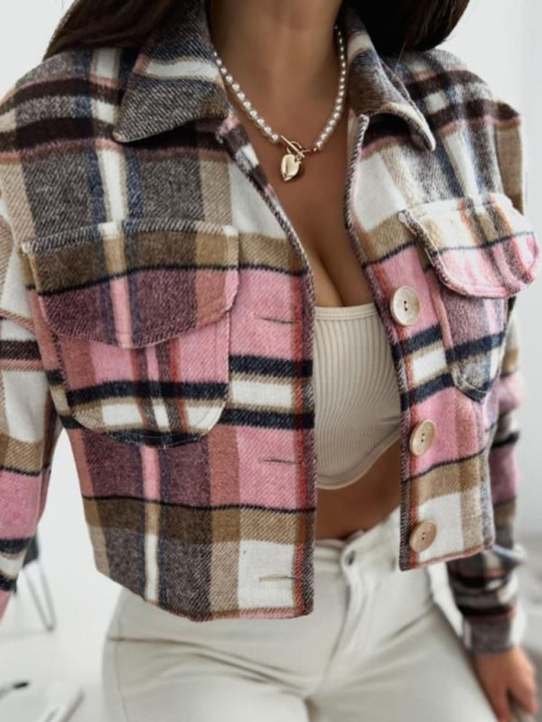 Crop Jackets- Casual Warm Plaid Crop Collar Shirt-Jacket- - Pekosa Women Clothing