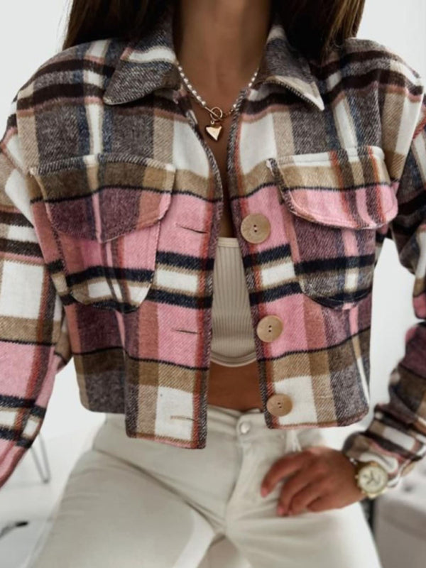 Crop Jackets- Casual Warm Plaid Crop Collar Shirt-Jacket- - Pekosa Women Clothing