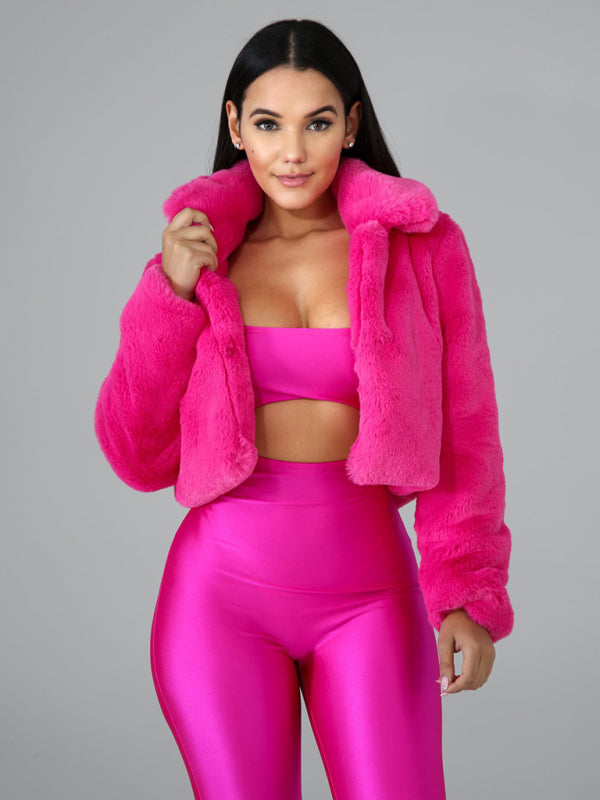 Crop Jackets- Cozy Open Front Crop Plush Jacket for Every Event- Rose- Pekosa Women Clothing