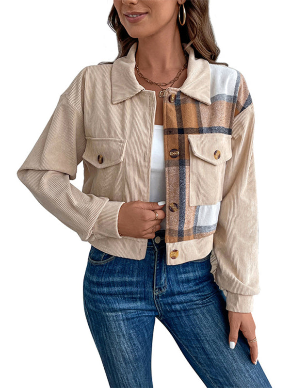 Crop Jackets- Cozy in Corduroy: Tan Plaid Crop Collar Jacket- - Pekosa Women Clothing