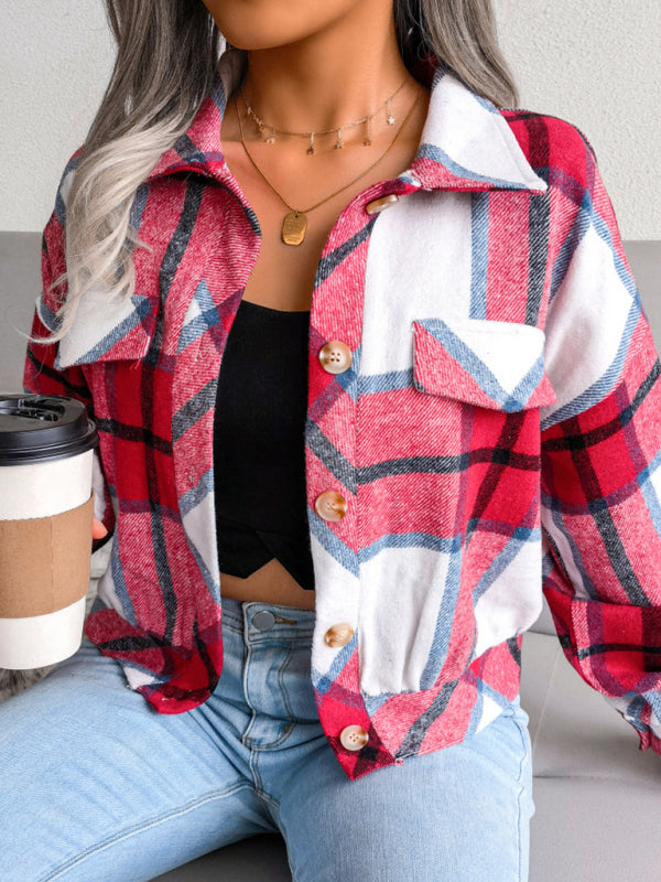 Crop Jackets- Plush Thick Flannel Plaid Jacket- - Pekosa Women Clothing