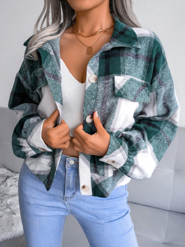 Crop Jackets- Plush Thick Flannel Plaid Jacket- - Pekosa Women Clothing
