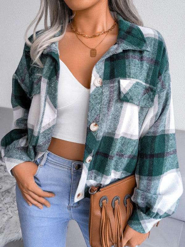 Crop Jackets- Plush Thick Flannel Plaid Jacket- - Pekosa Women Clothing