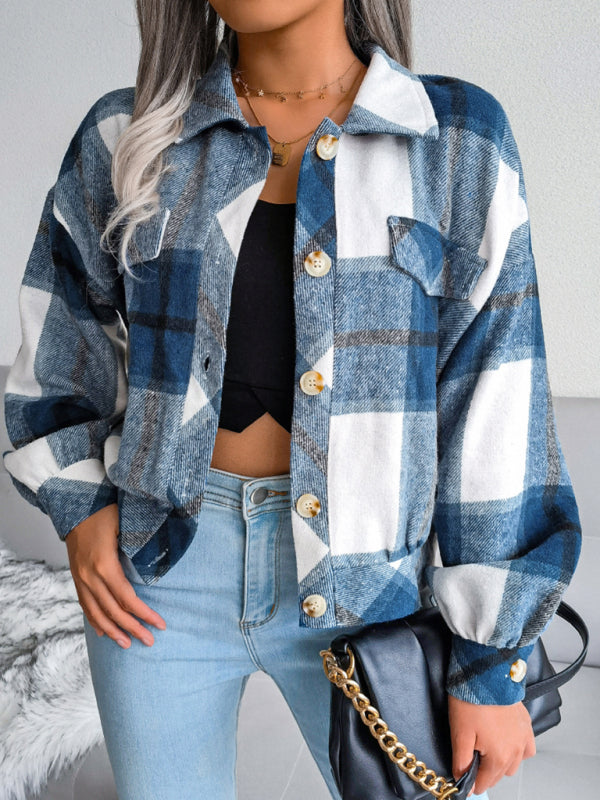 Crop Jackets- Plush Thick Flannel Plaid Jacket- - Pekosa Women Clothing