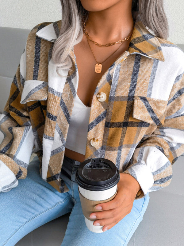 Crop Jackets- Plush Thick Flannel Plaid Jacket- - Pekosa Women Clothing