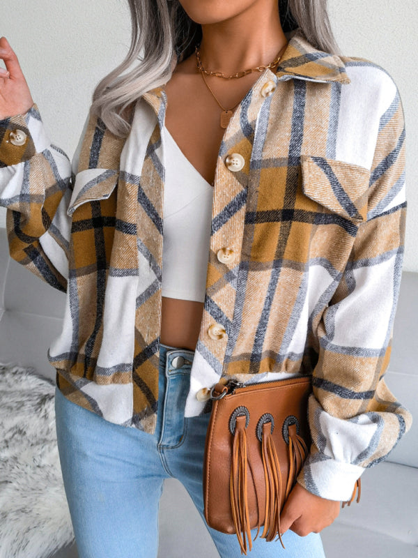Crop Jackets- Plush Thick Flannel Plaid Jacket- Khaki- Pekosa Women Clothing