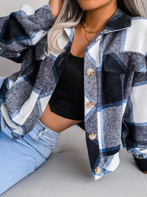 Crop Jackets- Plush Thick Flannel Plaid Jacket- - Pekosa Women Clothing