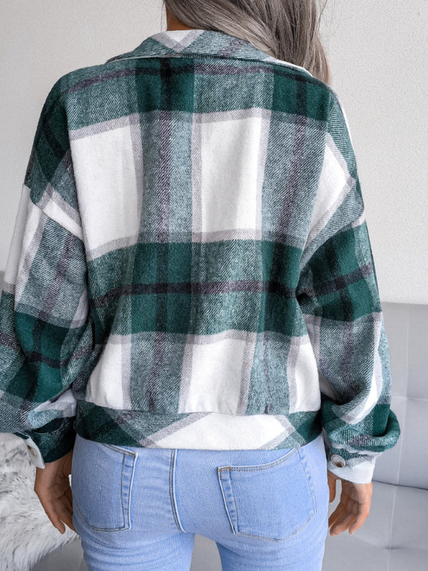 Crop Jackets- Plush Thick Flannel Plaid Jacket- - Pekosa Women Clothing