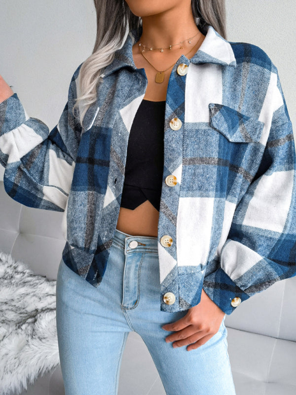 Crop Jackets- Plush Thick Flannel Plaid Jacket- - Pekosa Women Clothing