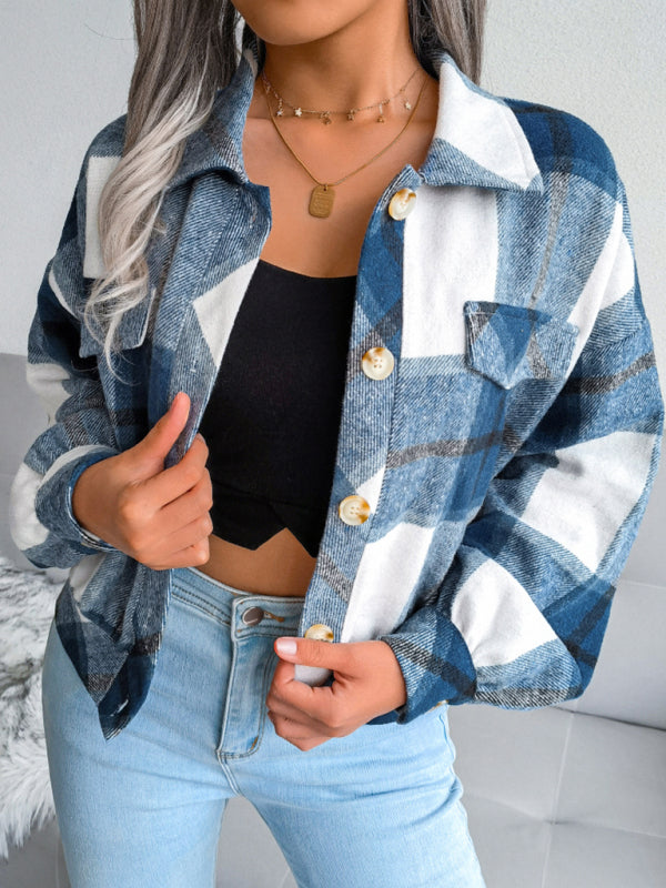 Crop Jackets- Plush Thick Flannel Plaid Jacket- - Pekosa Women Clothing