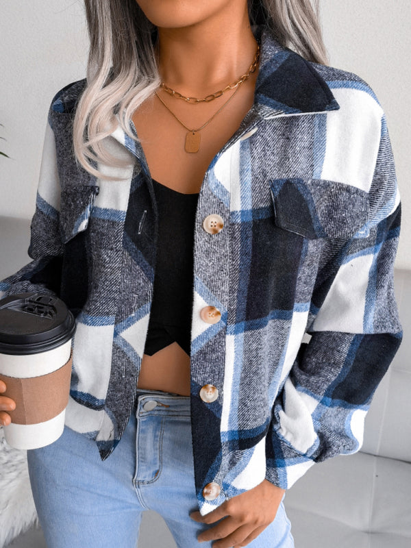 Crop Jackets- Plush Thick Flannel Plaid Jacket- - Pekosa Women Clothing