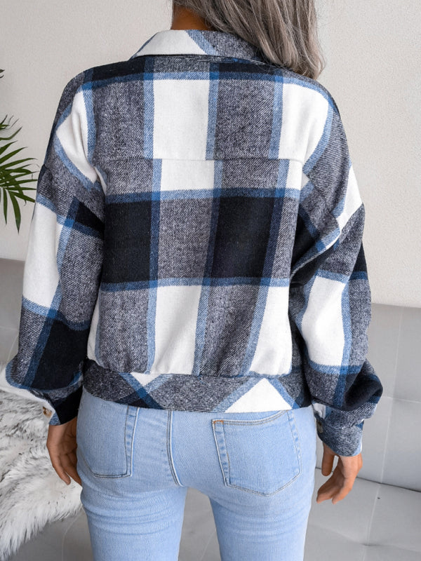 Crop Jackets- Plush Thick Flannel Plaid Jacket- - Pekosa Women Clothing