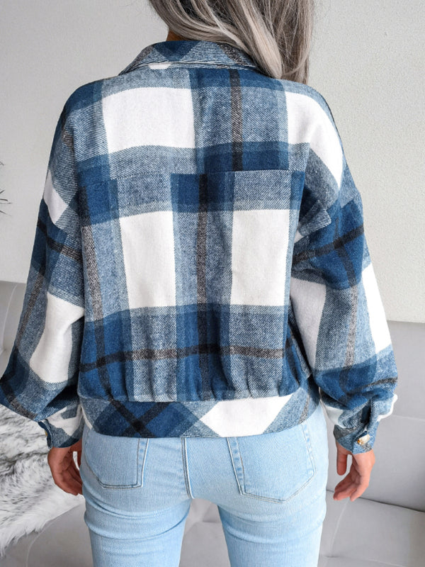 Crop Jackets- Plush Thick Flannel Plaid Jacket- - Pekosa Women Clothing