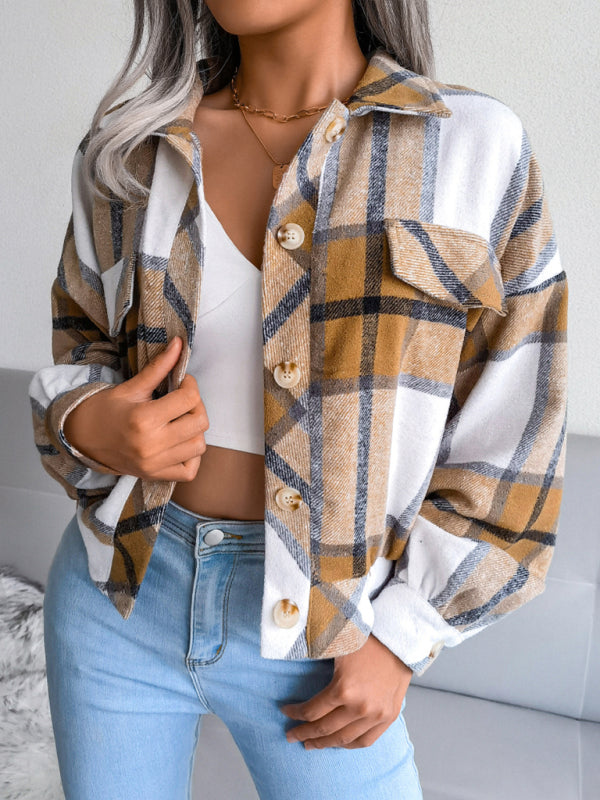 Crop Jackets- Plush Thick Flannel Plaid Jacket- - Pekosa Women Clothing