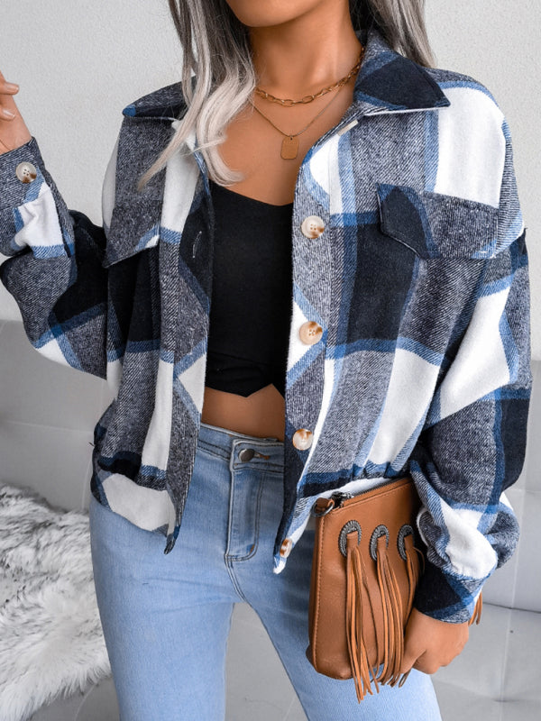 Crop Jackets- Plush Thick Flannel Plaid Jacket- - Pekosa Women Clothing