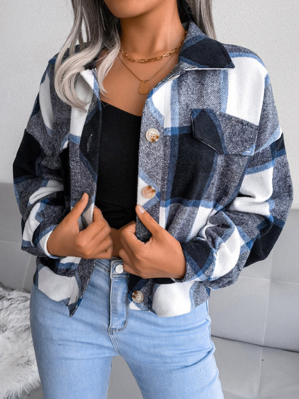 Crop Jackets- Plush Thick Flannel Plaid Jacket- - Pekosa Women Clothing