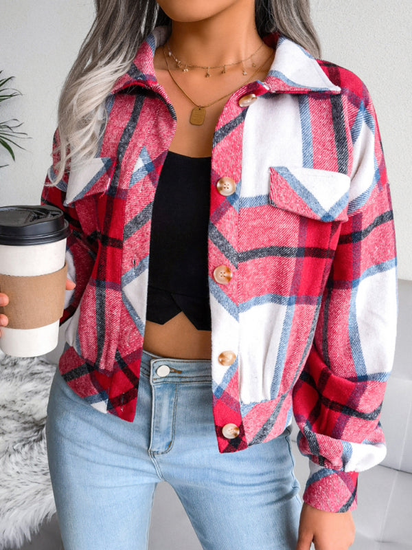Crop Jackets- Plush Thick Flannel Plaid Jacket- - Pekosa Women Clothing