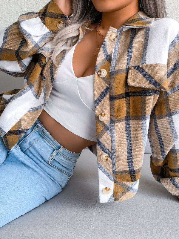 Crop Jackets- Plush Thick Flannel Plaid Jacket- - Pekosa Women Clothing