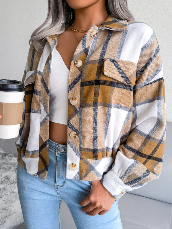 Crop Jackets- Plush Thick Flannel Plaid Jacket- - Pekosa Women Clothing