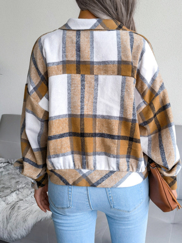 Crop Jackets- Plush Thick Flannel Plaid Jacket- - Pekosa Women Clothing